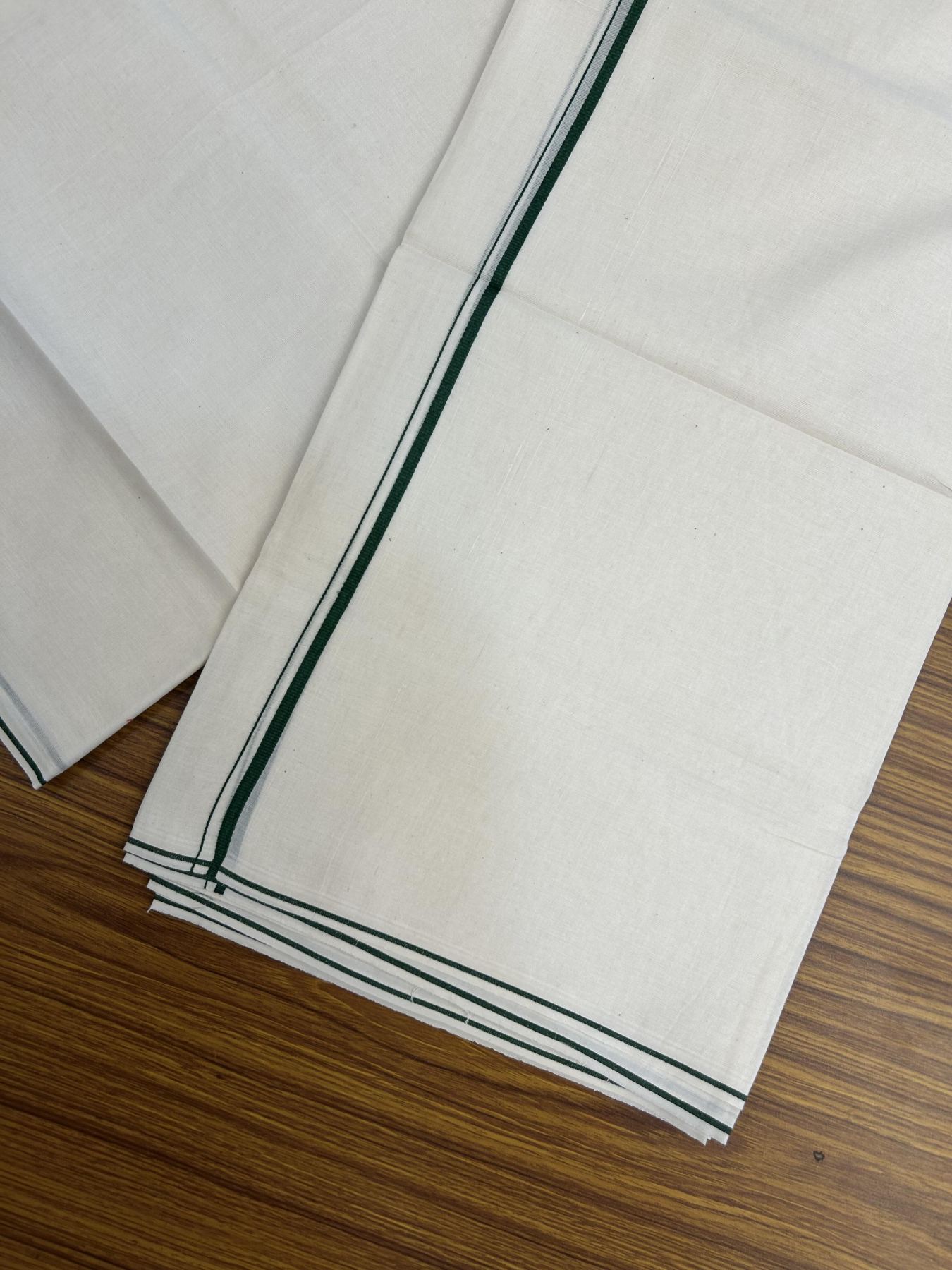 20% Discount! KaithariKada Balaramapuram 100% Cotton Double Off white - (Unbleached) - Mundu/Dhoti - 100x80 - 0.3 cm Dark Green Thin Kara 4 mtr (8.5 muzham) - 58 KK5357 VAS