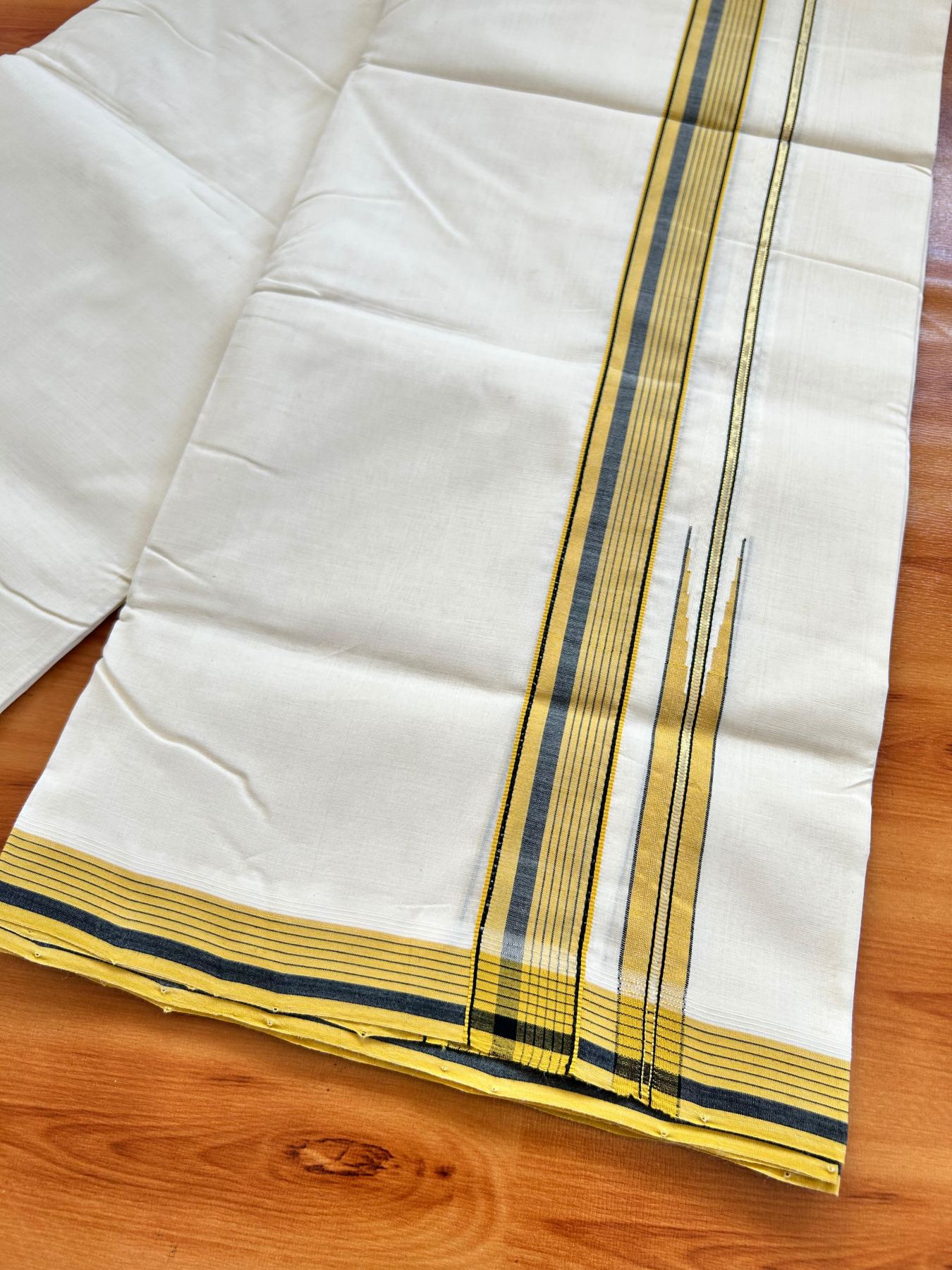 Double Off White (Unbleached) Mundu/Dhoti - 25% Discount!! KaithariKada Handloom Unakkupaav - Kerala Handloom - 100% Pure Cotton - 100x80 - 1.25 inch Pure Jerry Gold Kasav Mustard Yellow & Black Stripes Chutty Kara 3.80 mtr (8 muzham) - 11 KK5498 REA