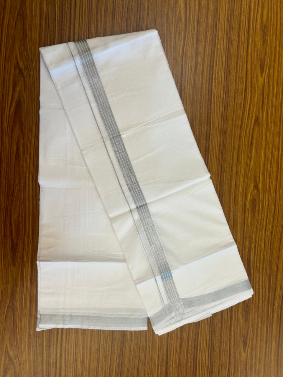 20% Discount ! Kaitharikada Balaramapuram 100% Cotton Pure White Double Mundu/Dothi - 100x80 - 1 inch Silver Kasav Striped Kara 4 mtr (8.5 muzham) - 33 KK5255 VAS