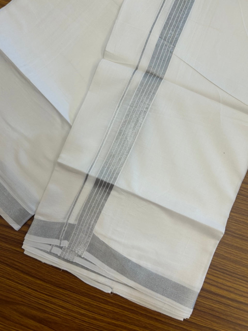 20% Discount ! Kaitharikada Balaramapuram 100% Cotton Pure White Double Mundu/Dothi - 100x80 - 1 inch Silver Kasav Striped Kara 4 mtr (8.5 muzham) - 33 KK5255 VAS