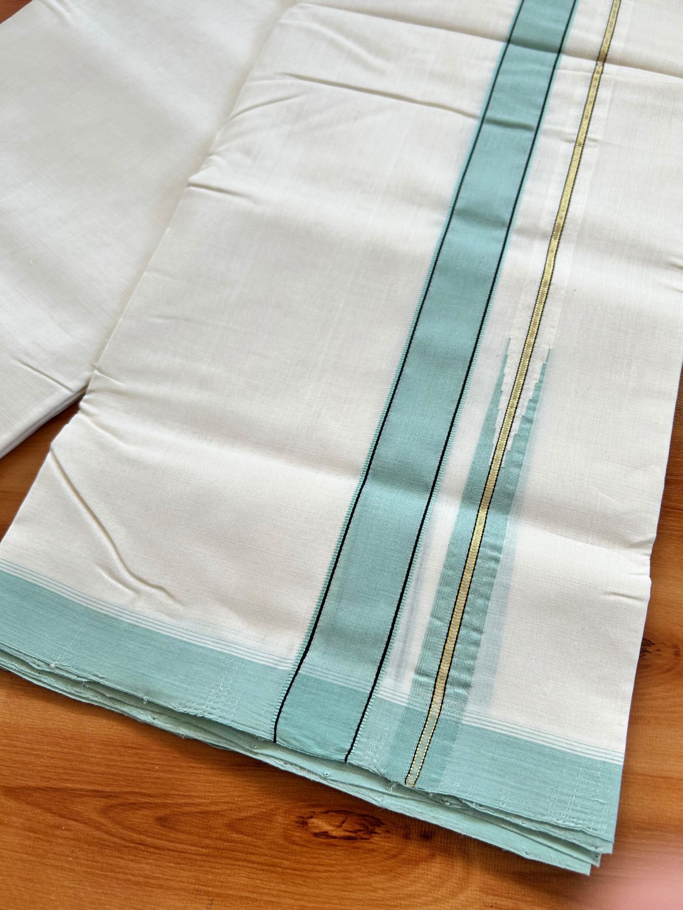 Double Off White (Unbleached) Mundu/Dhoti - 25% Discount!! KaithariKada Handloom Unakkupaav - Kerala Handloom - 100% Pure Cotton - 100x80 - 1.25 inch Pure Jerry Gold Kasav Light Pista & Black Chutty Kara 3.80 mtr (8 muzham) - 10 KK5498 REA