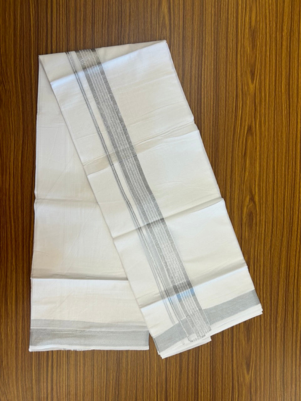 20% Discount ! Kaitharikada Balaramapuram 100% Cotton Pure White Double Mundu/Dothi - 100x80 - 1.5 inch Silver Kasav Striped Kara 4 mtr (8.5 muzham) - 34 KK5255 VAS