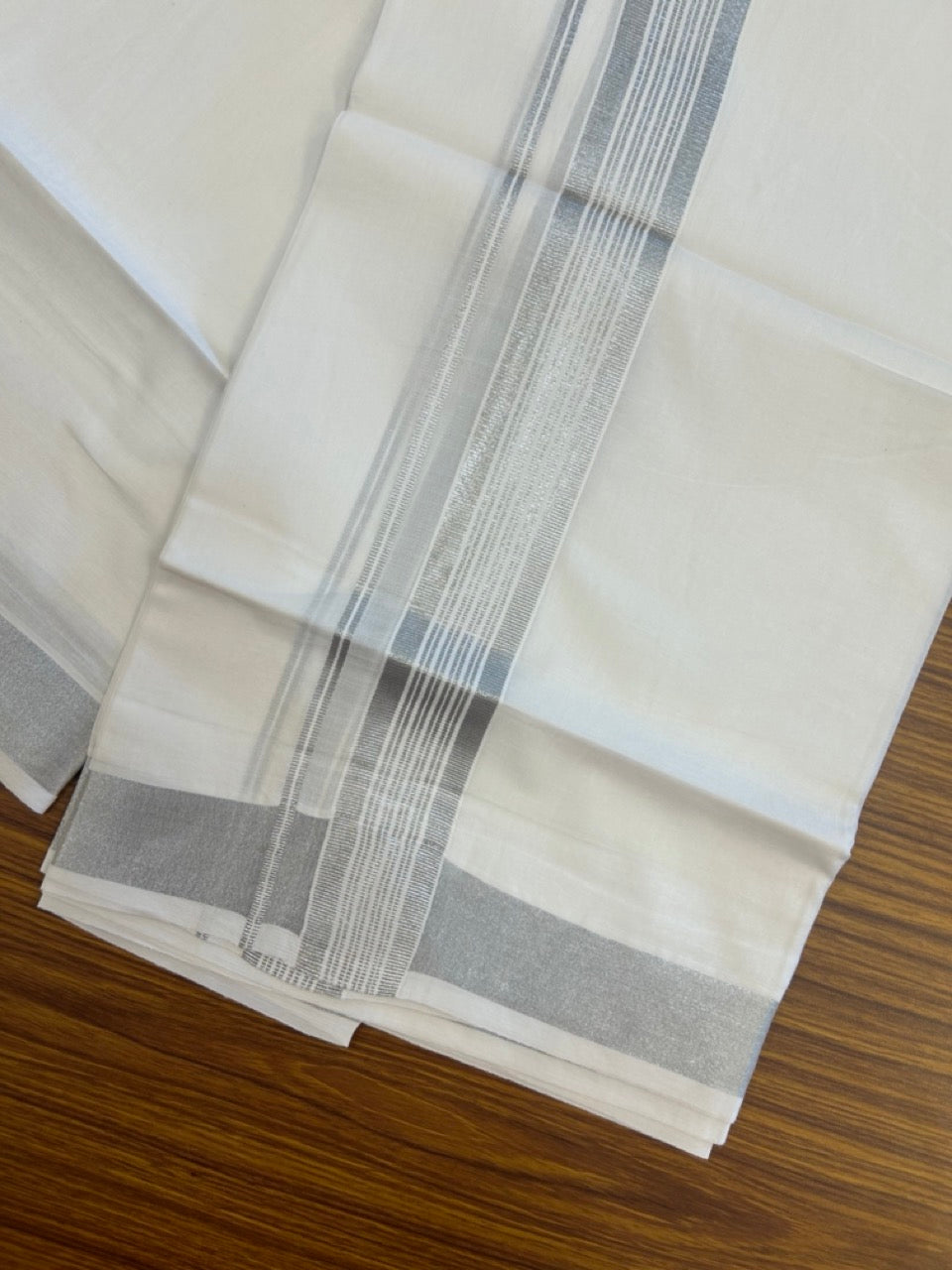 20% Discount ! Kaitharikada Balaramapuram 100% Cotton Pure White Double Mundu/Dothi - 100x80 - 1.5 inch Silver Kasav Striped Kara 4 mtr (8.5 muzham) - 34 KK5255 VAS