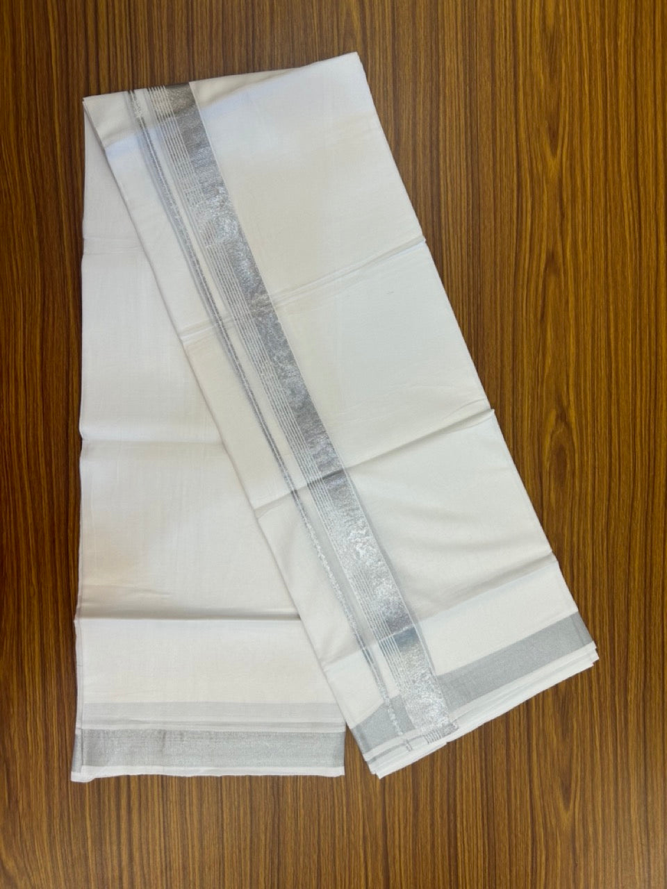 20% Discount ! Kaitharikada Balaramapuram 100% Cotton Pure White Double Mundu/Dothi - 100x80 - 1.5 inch Silver Kasav Side Striped Kara 4 mtr (8.5 muzham) - 35 KK5255 VAS