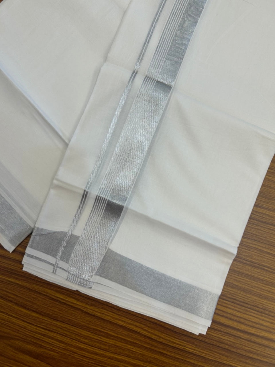 20% Discount ! Kaitharikada Balaramapuram 100% Cotton Pure White Double Mundu/Dothi - 100x80 - 1.5 inch Silver Kasav Side Striped Kara 4 mtr (8.5 muzham) - 35 KK5255 VAS