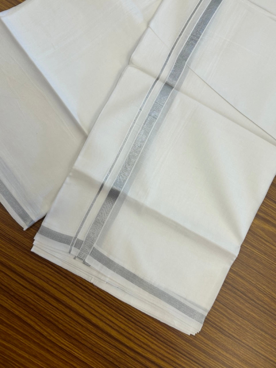 20% Discount ! Kaitharikada Balaramapuram 100% Cotton Pure White Double Mundu/Dothi - 100x80 - 1 cm Silver Kasav Kara 4 mtr (8.5 muzham) - 36 KK5255 VAS