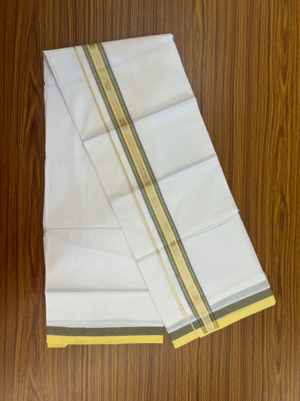 20% Discount ! Kaitharikada Balaramapuram 100% Cotton Pure White Double Mundu/Dothi - 100x80 - 1.5 inch Yellow Black & Silver Kasav Striped Kara 4 mtr (8.5 muzham) - 37 KK5255 VAS