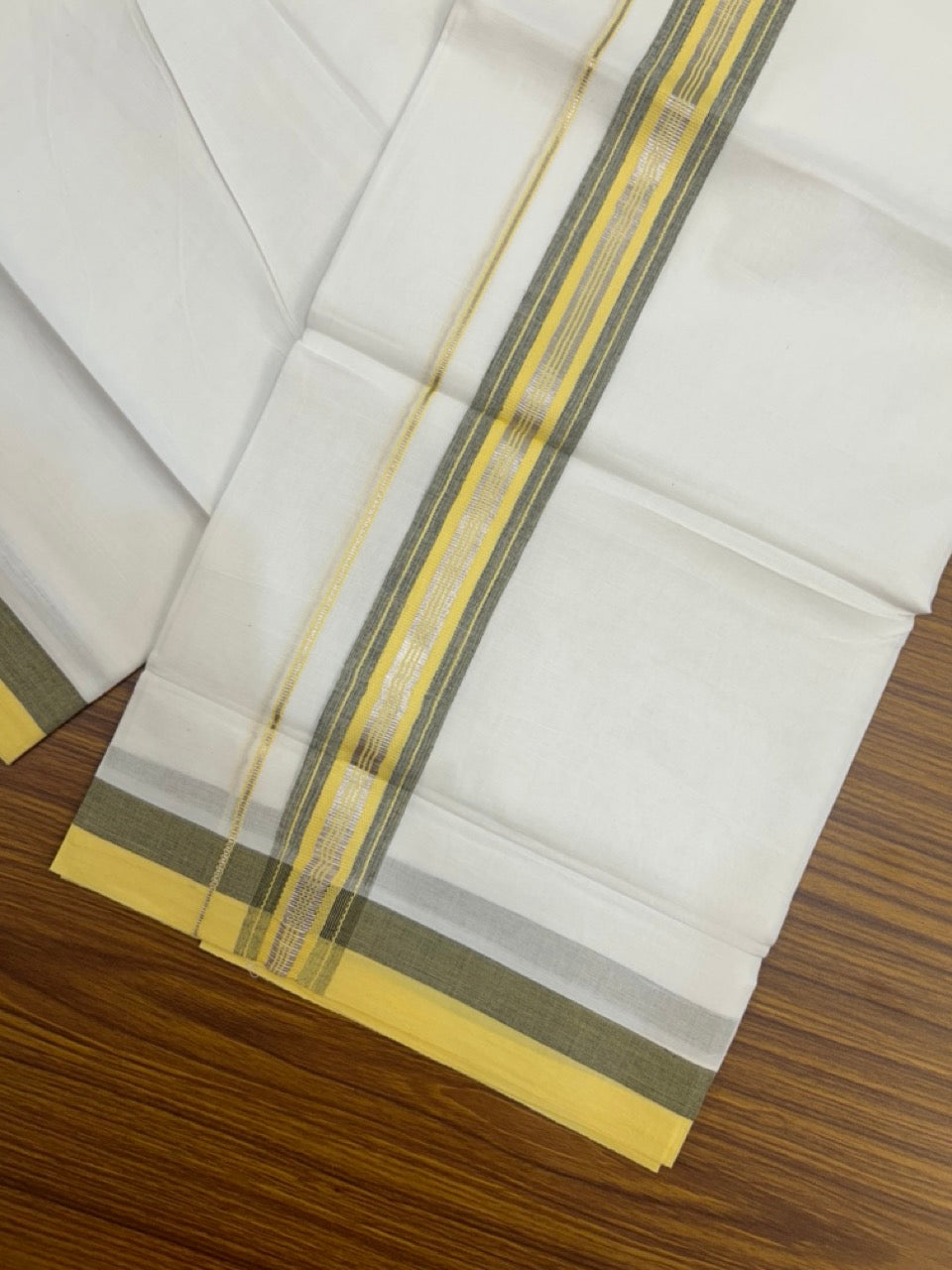 20% Discount ! Kaitharikada Balaramapuram 100% Cotton Pure White Double Mundu/Dothi - 100x80 - 1.5 inch Yellow Black & Silver Kasav Striped Kara 4 mtr (8.5 muzham) - 37 KK5255 VAS