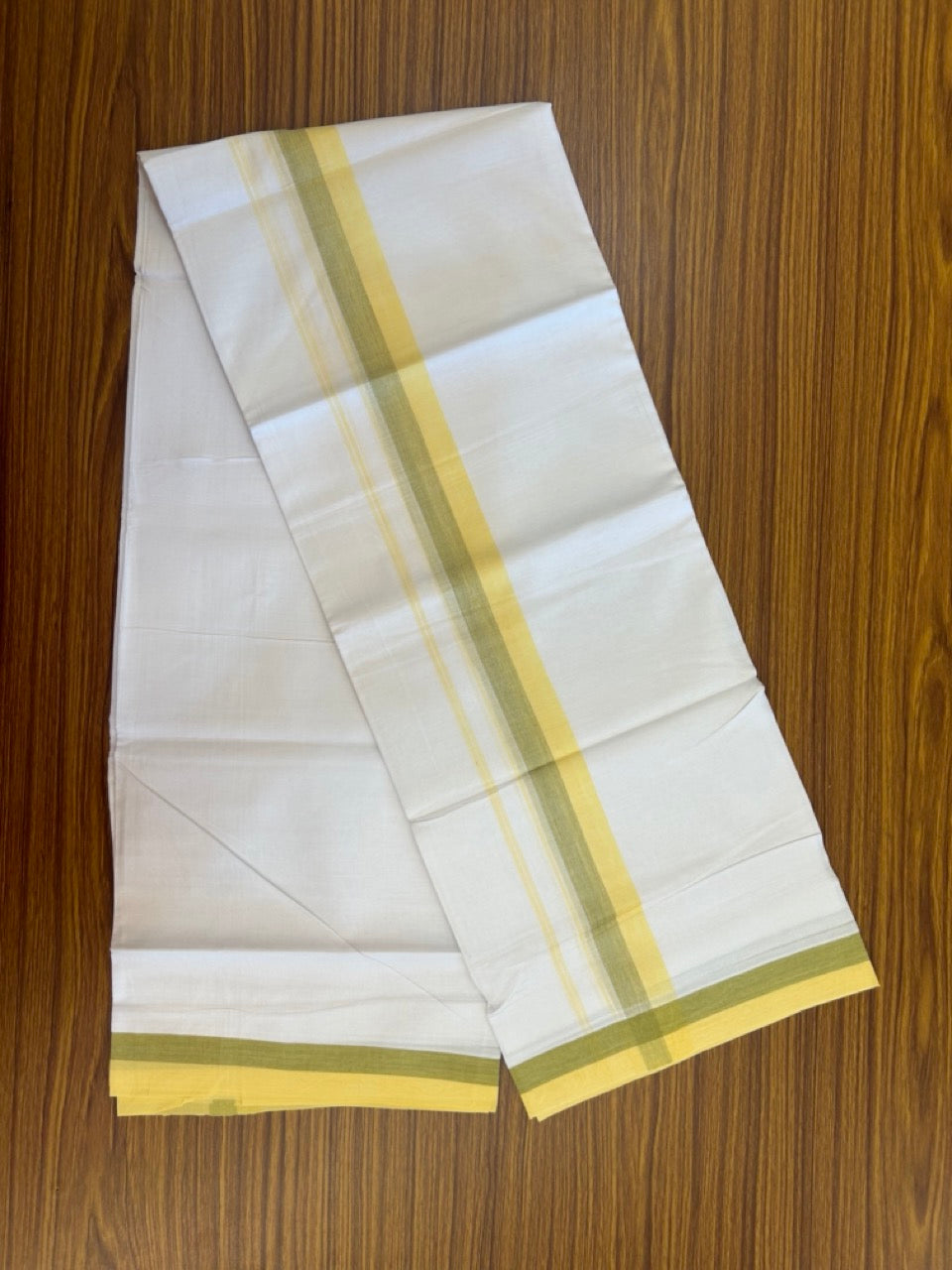 20% Discount ! Kaitharikada Balaramapuram 100% Cotton Pure White Double Mundu/Dothi - 100x80 - 1.75 inch Yellow & Olive Green Kara 4 mtr (8.5 muzham) - 38 KK5255 VAS