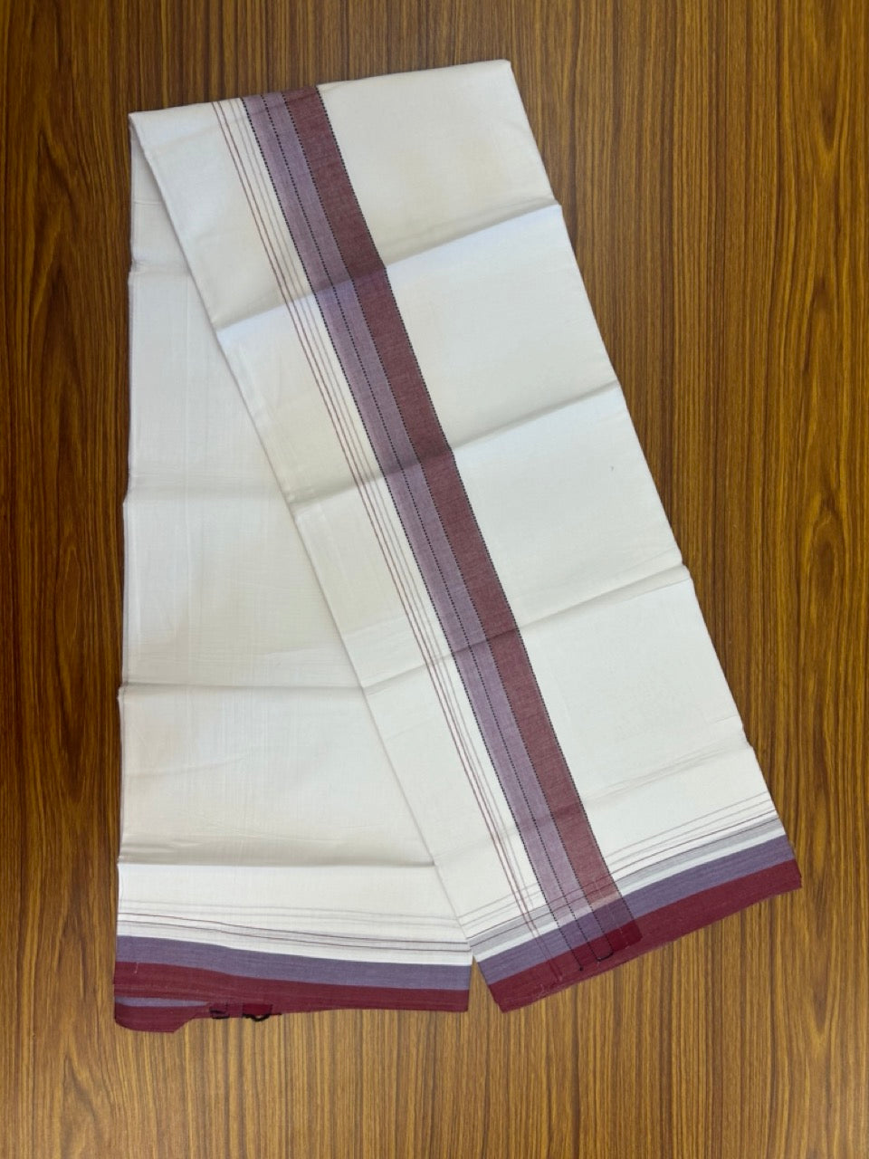 20% Discount ! Kaitharikada Balaramapuram 100% Cotton Pure White Double Mundu/Dothi - 100x80 - 2 inch Maroon & Lavender Shaded Striped Kara 4 mtr (8.5 muzham) - 39 KK5255 VAS
