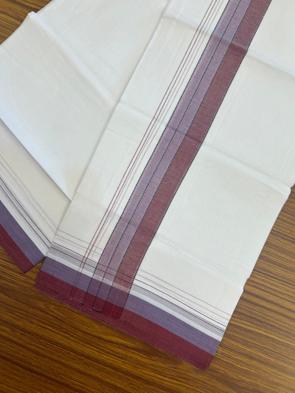 20% Discount ! Kaitharikada Balaramapuram 100% Cotton Pure White Double Mundu/Dothi - 100x80 - 2 inch Maroon & Lavender Shaded Striped Kara 4 mtr (8.5 muzham) - 39 KK5255 VAS