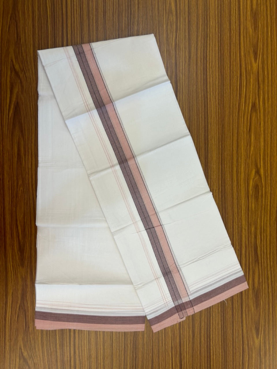 20% Discount ! Kaitharikada Balaramapuram 100% Cotton Pure White Double Mundu/Dothi - 100x80 - 1.5 inch Black Brown & Peach Shaded Striped Kara 4 mtr (8.5 muzham) - 40 KK5255 VAS