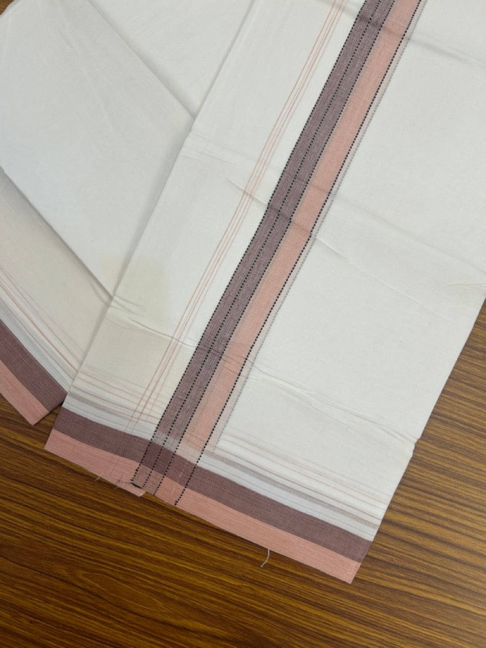 20% Discount ! Kaitharikada Balaramapuram 100% Cotton Pure White Double Mundu/Dothi - 100x80 - 1.5 inch Black Brown & Peach Shaded Striped Kara 4 mtr (8.5 muzham) - 40 KK5255 VAS
