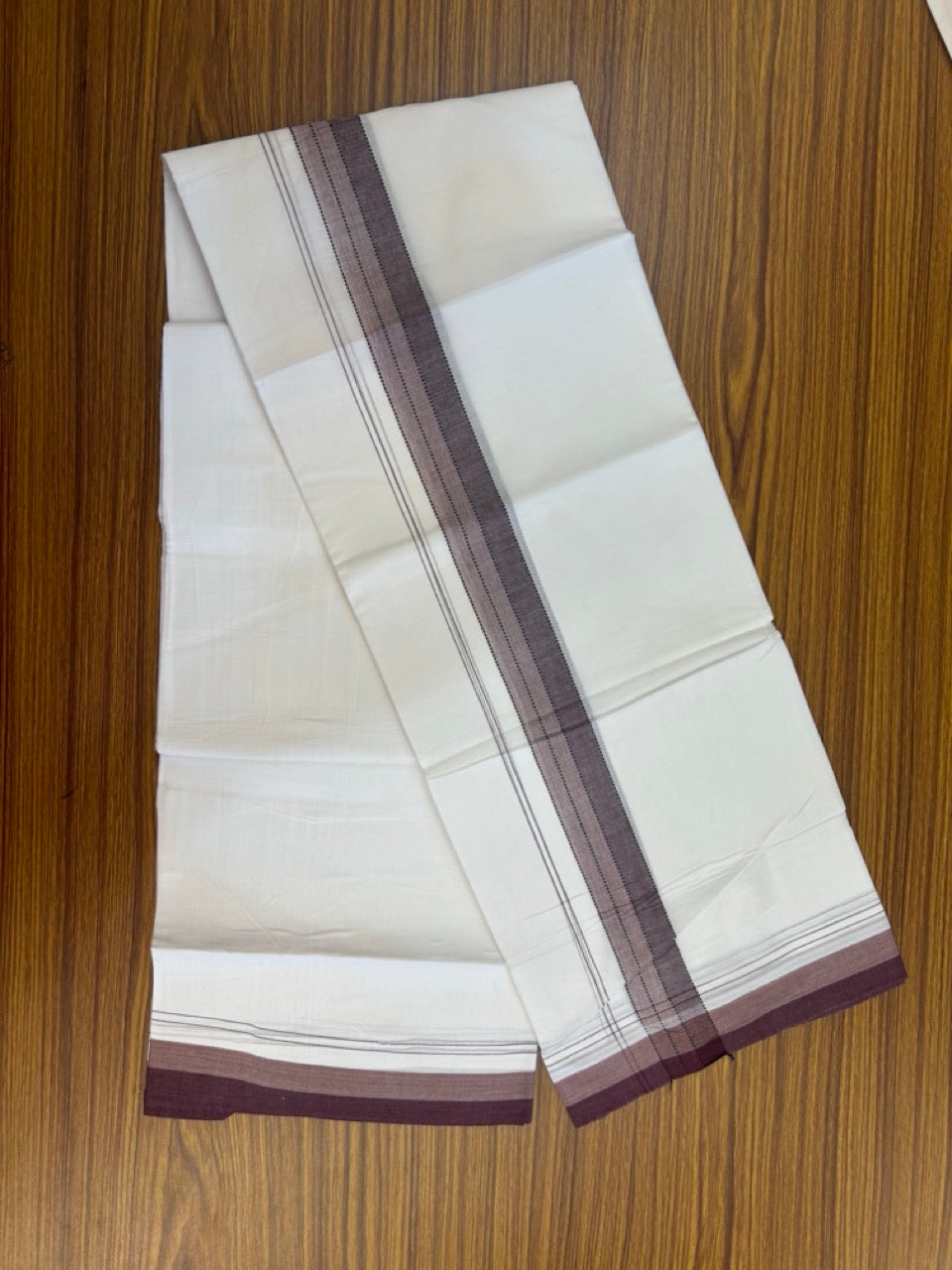 20% Discount ! Kaitharikada Balaramapuram 100% Cotton Pure White Double Mundu/Dothi - 100x80 - 1.5 inch Black maroon & Peach Shaded Striped Kara 4 mtr (8.5 muzham) - 41 KK5255 VAS