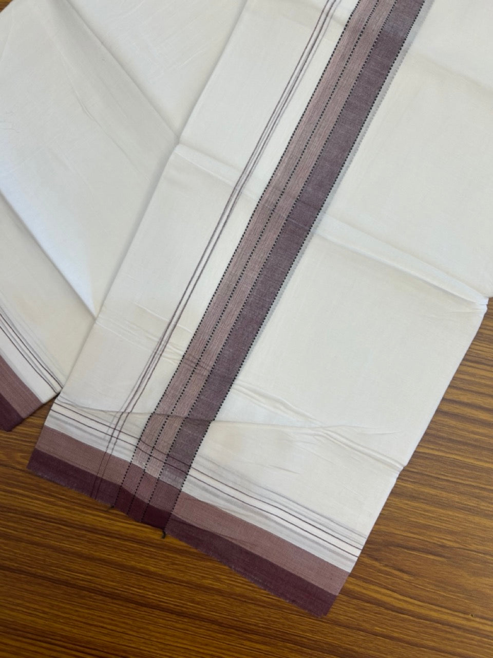 20% Discount ! Kaitharikada Balaramapuram 100% Cotton Pure White Double Mundu/Dothi - 100x80 - 1.5 inch Black maroon & Peach Shaded Striped Kara 4 mtr (8.5 muzham) - 41 KK5255 VAS