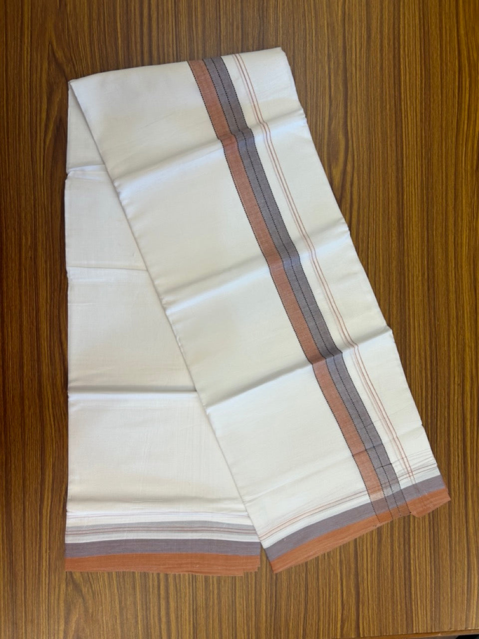 20% Discount ! Kaitharikada Balaramapuram 100% Cotton Pure White Double Mundu/Dothi - 100x80 - 1.5 inch Black Brown & Lavender Shaded Striped Kara 4 mtr (8.5 muzham) - 42 KK5255 VAS