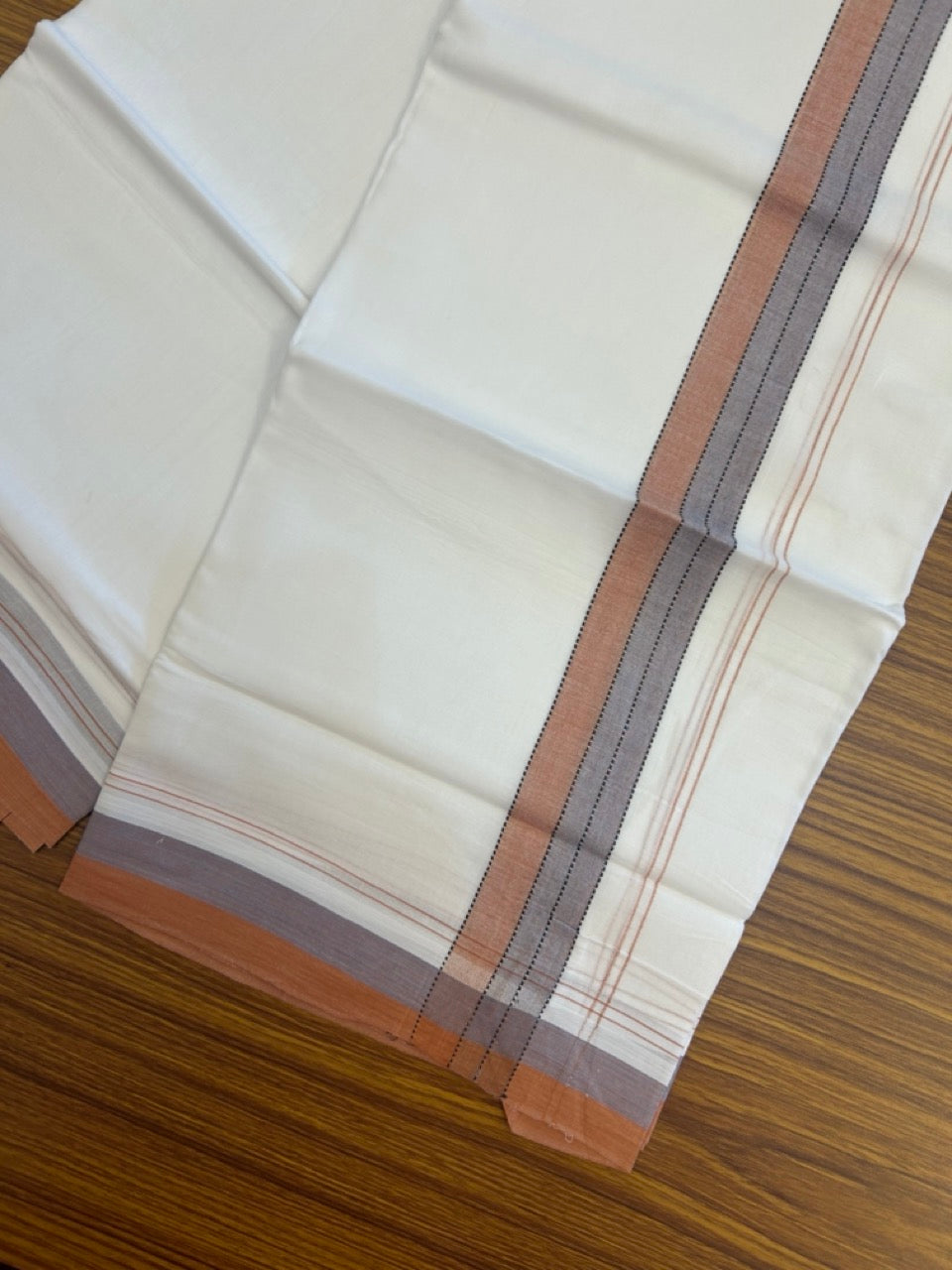 20% Discount ! Kaitharikada Balaramapuram 100% Cotton Pure White Double Mundu/Dothi - 100x80 - 1.5 inch Black Brown & Lavender Shaded Striped Kara 4 mtr (8.5 muzham) - 42 KK5255 VAS