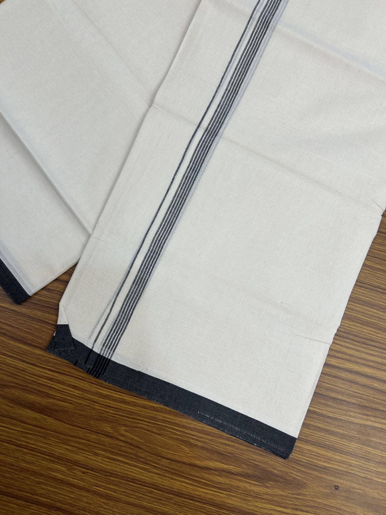 20% Discount! KaithariKada Balaramapuram 100% Cotton Double Off white - (Unbleached) - Mundu/Dhoti - 100x80 - 1.5 cm Black Thin Striped Kara 4 mtr (8.5 muzham) - 57 KK5357 VAS