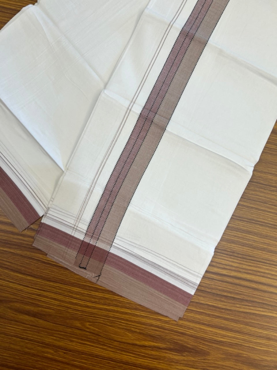 20% Discount ! Kaitharikada Balaramapuram 100% Cotton Pure White Double Mundu/Dothi - 100x80 - 1.5 inch Black Light Brown & Maroon Shaded Striped Kara 4 mtr (8.5 muzham) - 43 KK5255 VAS