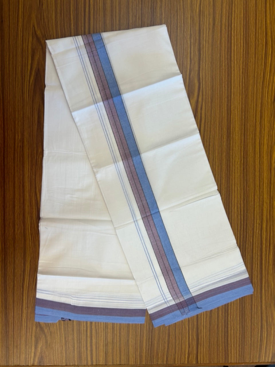 20% Discount ! Kaitharikada Balaramapuram 100% Cotton Pure White Double Mundu/Dothi - 100x80 - 1.5 inch Black Blue & Maroon Shaded Striped Kara 4 mtr (8.5 muzham) - 44 KK5255 VAS