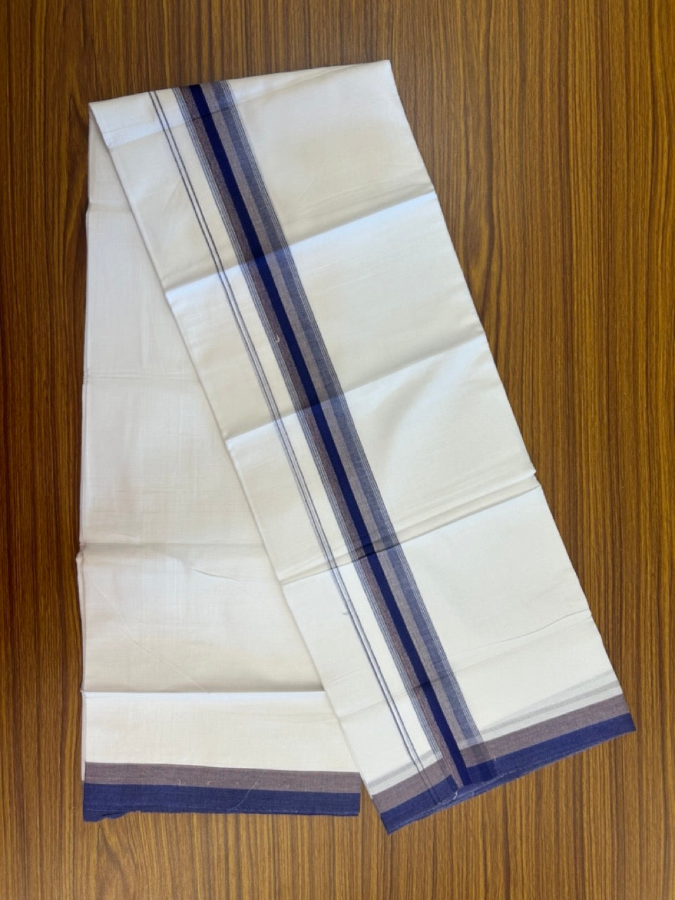20% Discount ! Kaitharikada Balaramapuram 100% Cotton Pure White Double Mundu/Dothi - 100x80 - 1.5 inch Violet & Peach Shaded Striped Kara 4 mtr (8.5 muzham) - 45 KK5255 VAS
