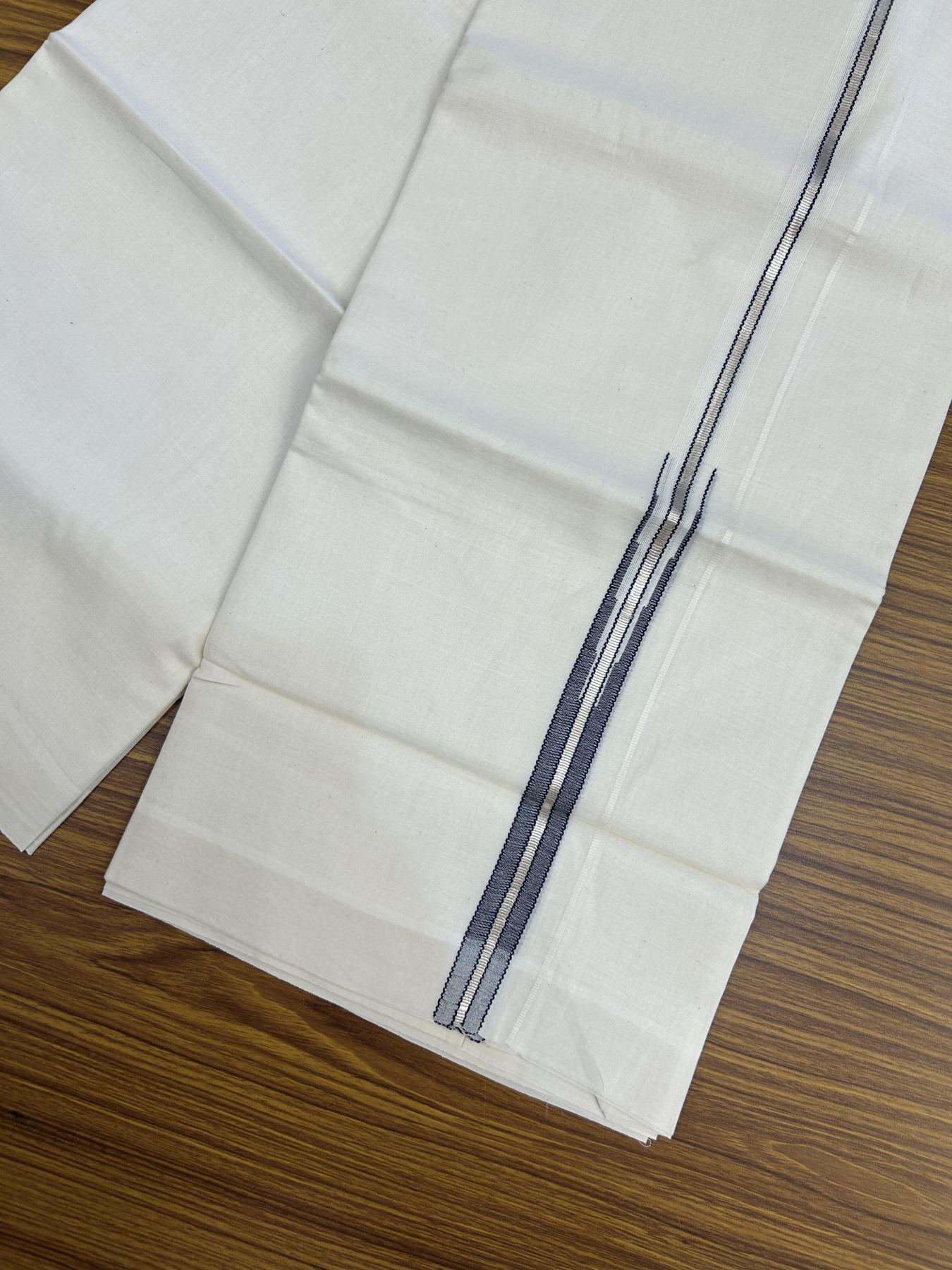 20% Discount!! KaithariKada Balaramapuram Pure Cotton Double Off White - (Unbleached) - Mundu/Dhoti - 100x80 - 1 inch Puliyilakkara Silver Kasav & Navy Blue Stripes One Side Chutty Kara 4 mtr (8.5 muzham) - 45 KK5357 VAS