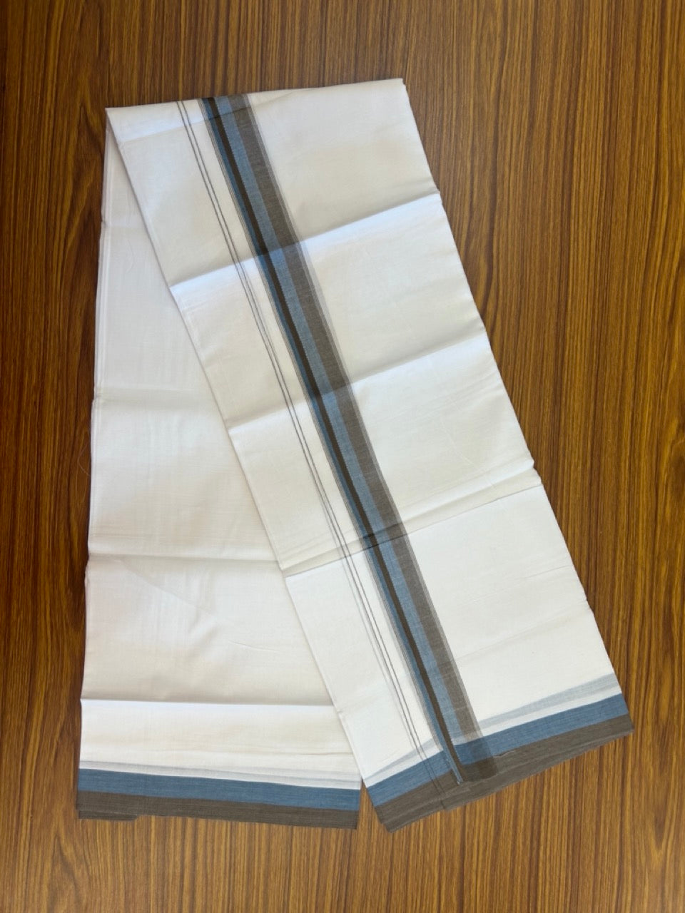 20% Discount ! Kaitharikada Balaramapuram 100% Cotton Pure White Double Mundu/Dothi - 100x80 - 1.5 inch Peacock Blue & Brown Shaded Striped Kara 4 mtr (8.5 muzham) - 46 KK5255 VAS