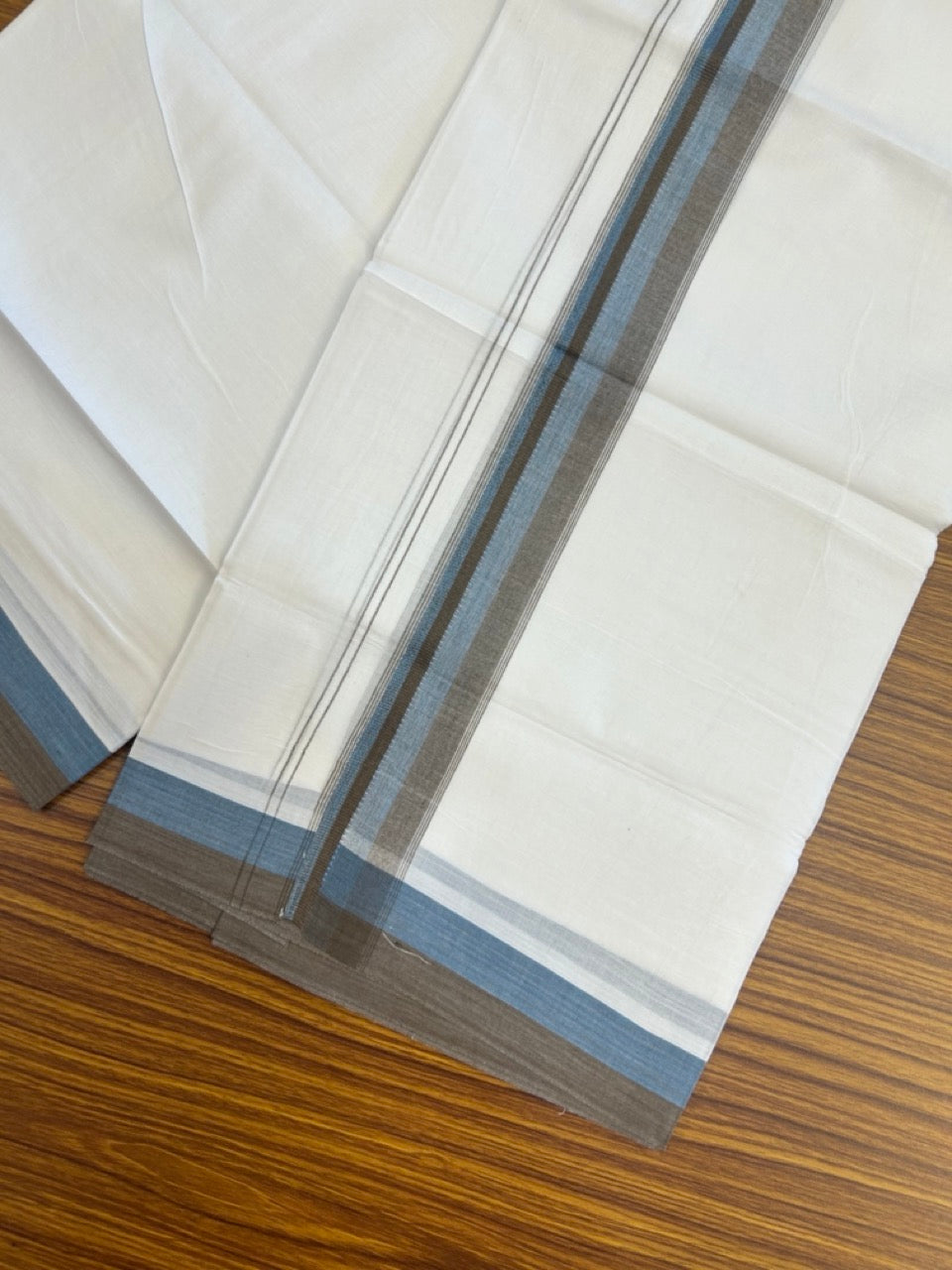 20% Discount ! Kaitharikada Balaramapuram 100% Cotton Pure White Double Mundu/Dothi - 100x80 - 1.5 inch Peacock Blue & Brown Shaded Striped Kara 4 mtr (8.5 muzham) - 46 KK5255 VAS