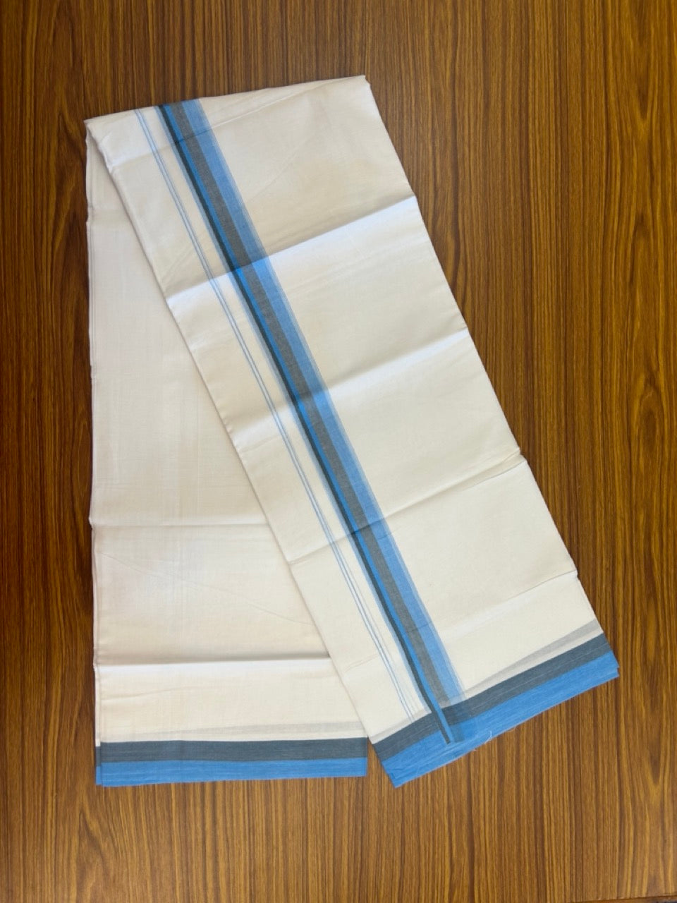 20% Discount ! Kaitharikada Balaramapuram 100% Cotton Pure White Double Mundu/Dothi - 100x80 - 1.5 inch Light Blue & Brown Shaded Striped Kara 4 mtr (8.5 muzham) - 47 KK5255 VAS