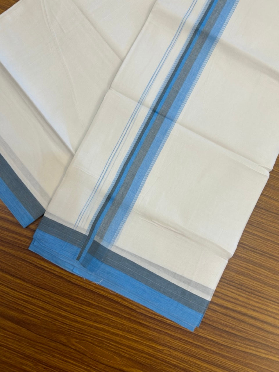 20% Discount ! Kaitharikada Balaramapuram 100% Cotton Pure White Double Mundu/Dothi - 100x80 - 1.5 inch Light Blue & Brown Shaded Striped Kara 4 mtr (8.5 muzham) - 47 KK5255 VAS
