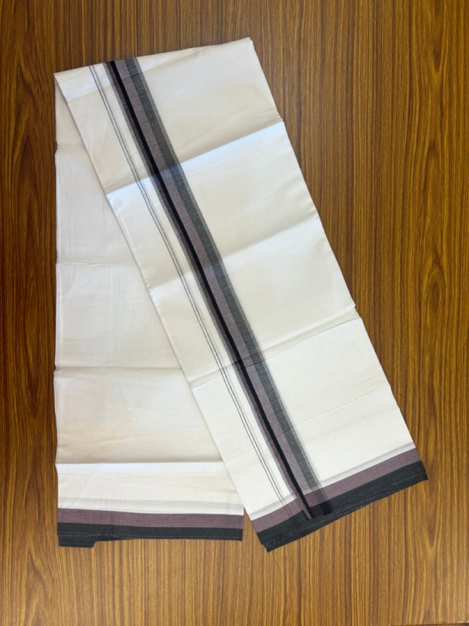 20% Discount ! Kaitharikada Balaramapuram 100% Cotton Pure White Double Mundu/Dothi - 100x80 - 1.5 inch Light Purple & Dark Brown Shaded Striped Kara 4 mtr (8.5 muzham) - 48 KK5255 VAS