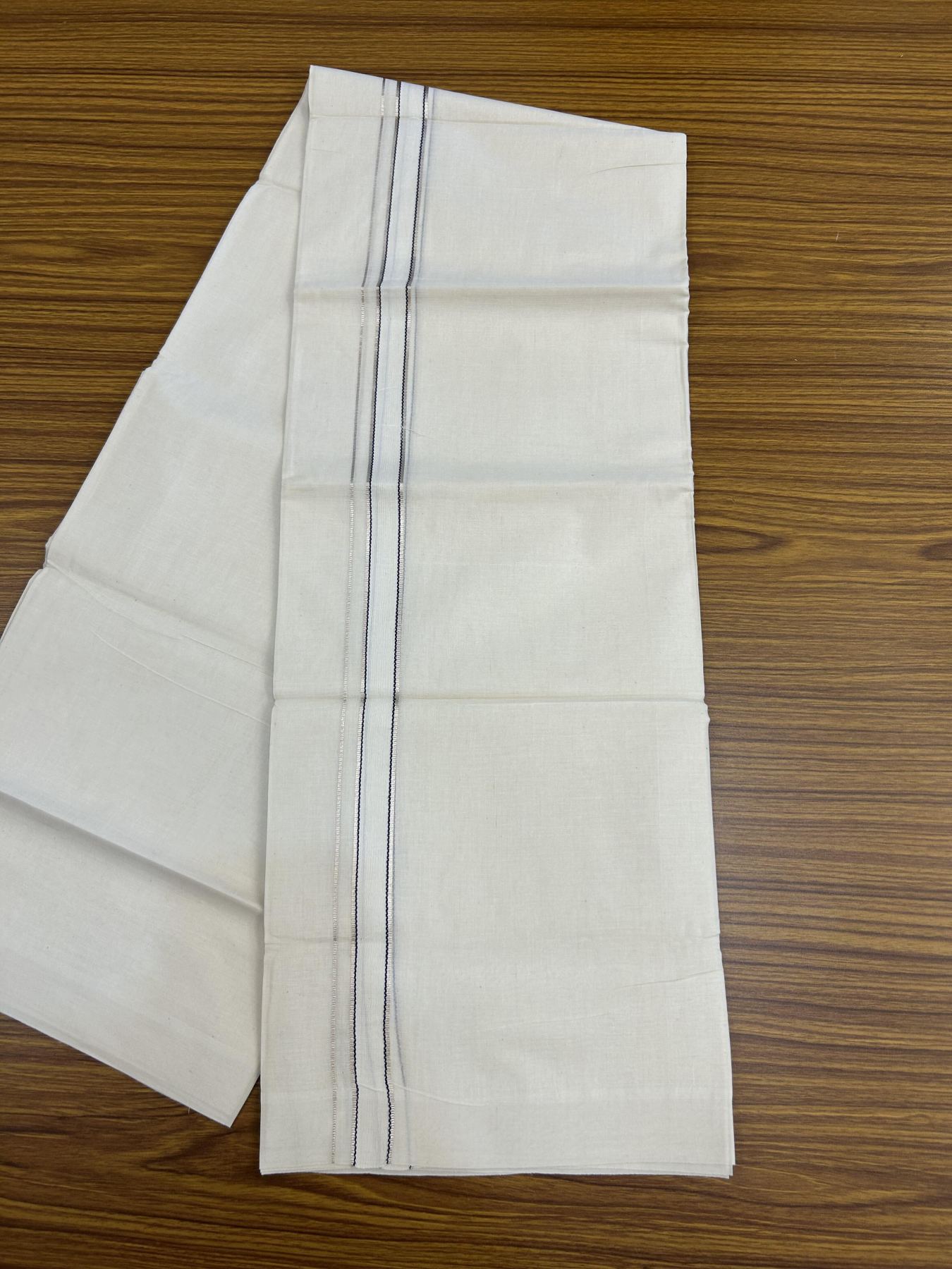 20% Discount!! KaithariKada Balaramapuram Pure Cotton Double Off White - (Unbleached) - Mundu/Dhoti - 100x80 - 1 inch Puliyilakkara Silver Kasav & Navy Blue Stripes One Side Chutty Kara 4 mtr (8.5 muzham) - 46 KK5357 VAS