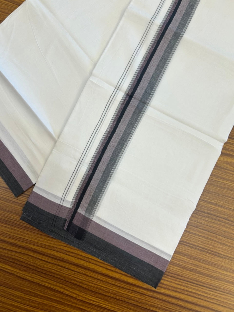 20% Discount ! Kaitharikada Balaramapuram 100% Cotton Pure White Double Mundu/Dothi - 100x80 - 1.5 inch Light Purple & Dark Brown Shaded Striped Kara 4 mtr (8.5 muzham) - 48 KK5255 VAS