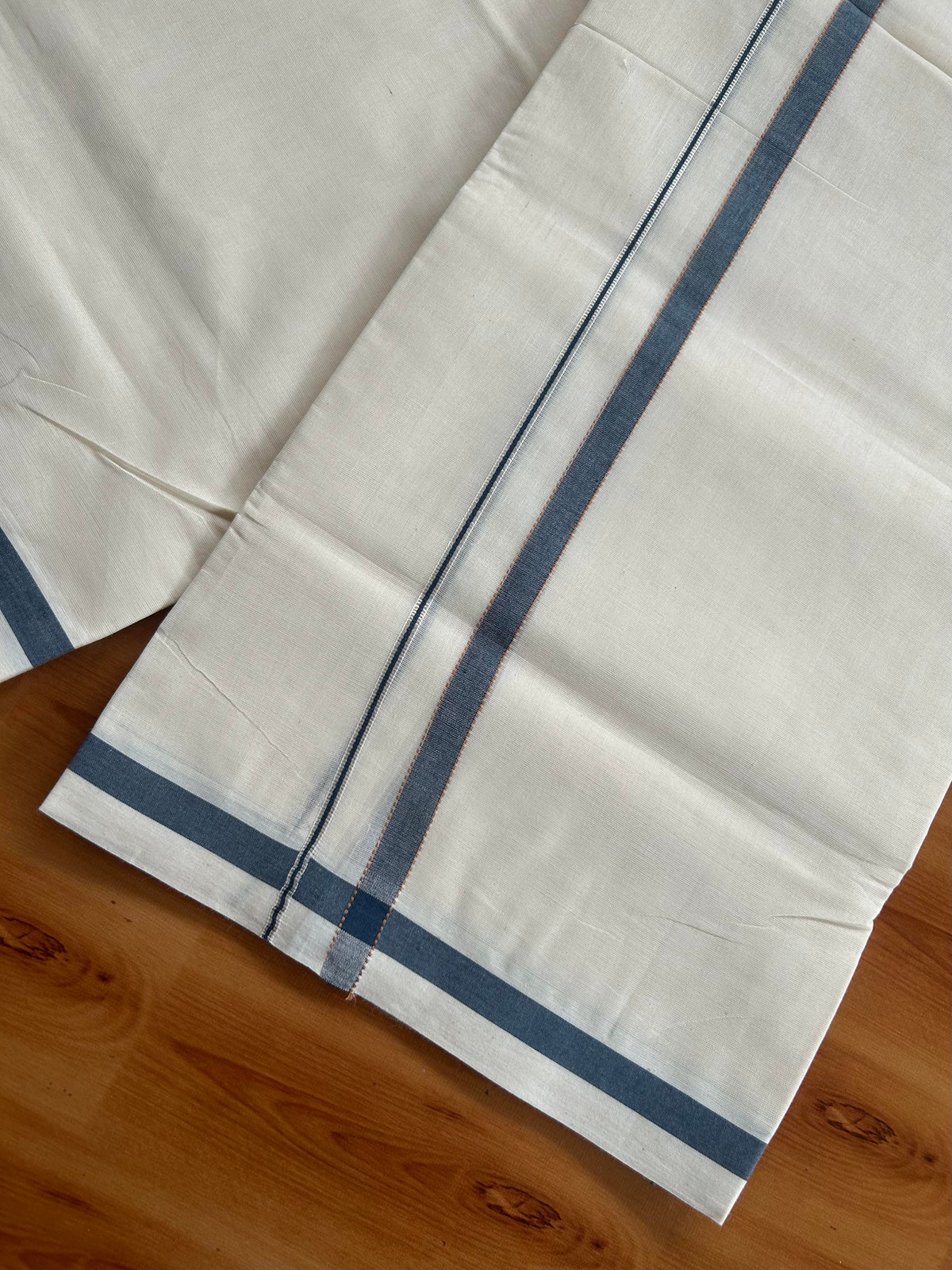 Double Off White (Unbleached) Mundu/Dhoti - 20% Discount!! KaithariKada Pulimood 100% Cotton 100X80 - 1.5 cm Puliyilakkara Silver Kasav Peakcock Blue & Peach Orange Striped One Side Chutty Kara - 4 mtr (8.5 muzham) - 12 KK5548 VAS