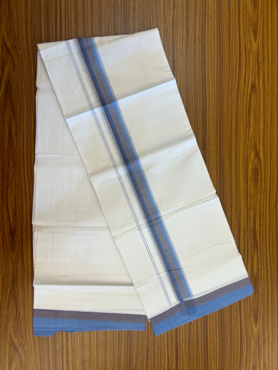 20% Discount ! Kaitharikada Balaramapuram 100% Cotton Pure White Double Mundu/Dothi - 100x80 - 1.5 inch Blue & Brown Shaded Striped Kara 4 mtr (8.5 muzham) - 49 KK5255 VAS