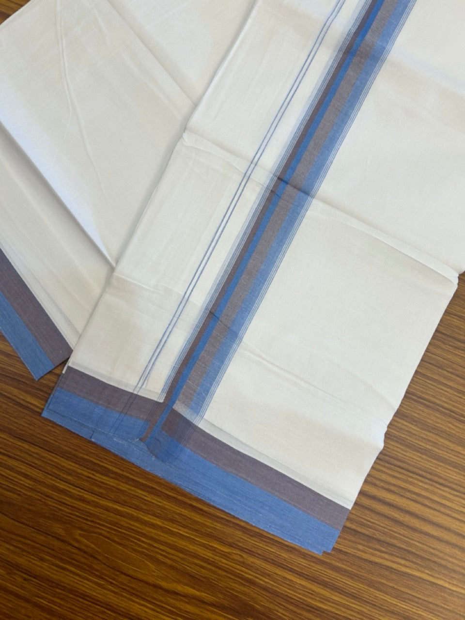 20% Discount ! Kaitharikada Balaramapuram 100% Cotton Pure White Double Mundu/Dothi - 100x80 - 1.5 inch Blue & Brown Shaded Striped Kara 4 mtr (8.5 muzham) - 49 KK5255 VAS