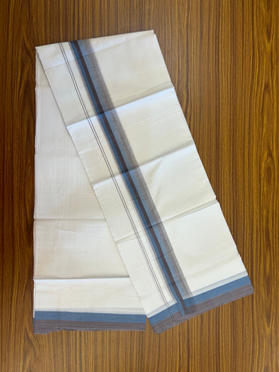 20% Discount ! Kaitharikada Balaramapuram 100% Cotton Pure White Double Mundu/Dothi - 100x80 - 1.5 inch Peacock Blue & Purple Brown Shaded Striped Kara 4 mtr (8.5 muzham) - 50 KK5255 VAS