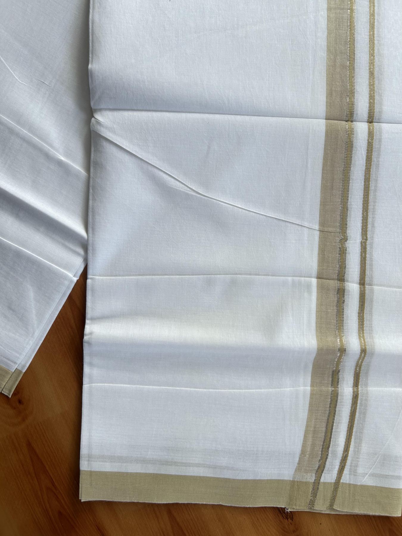 Double Pure White Mundu/Dothi - 20% Discount!! Kaitharikada Balaramapuram 100% Pure Cotton 100x80 - 0.75 inch Silver Kasav & Sand Brown Shaded Kara - 3.90 m (8 muzham) - 33 KK5437 VAS