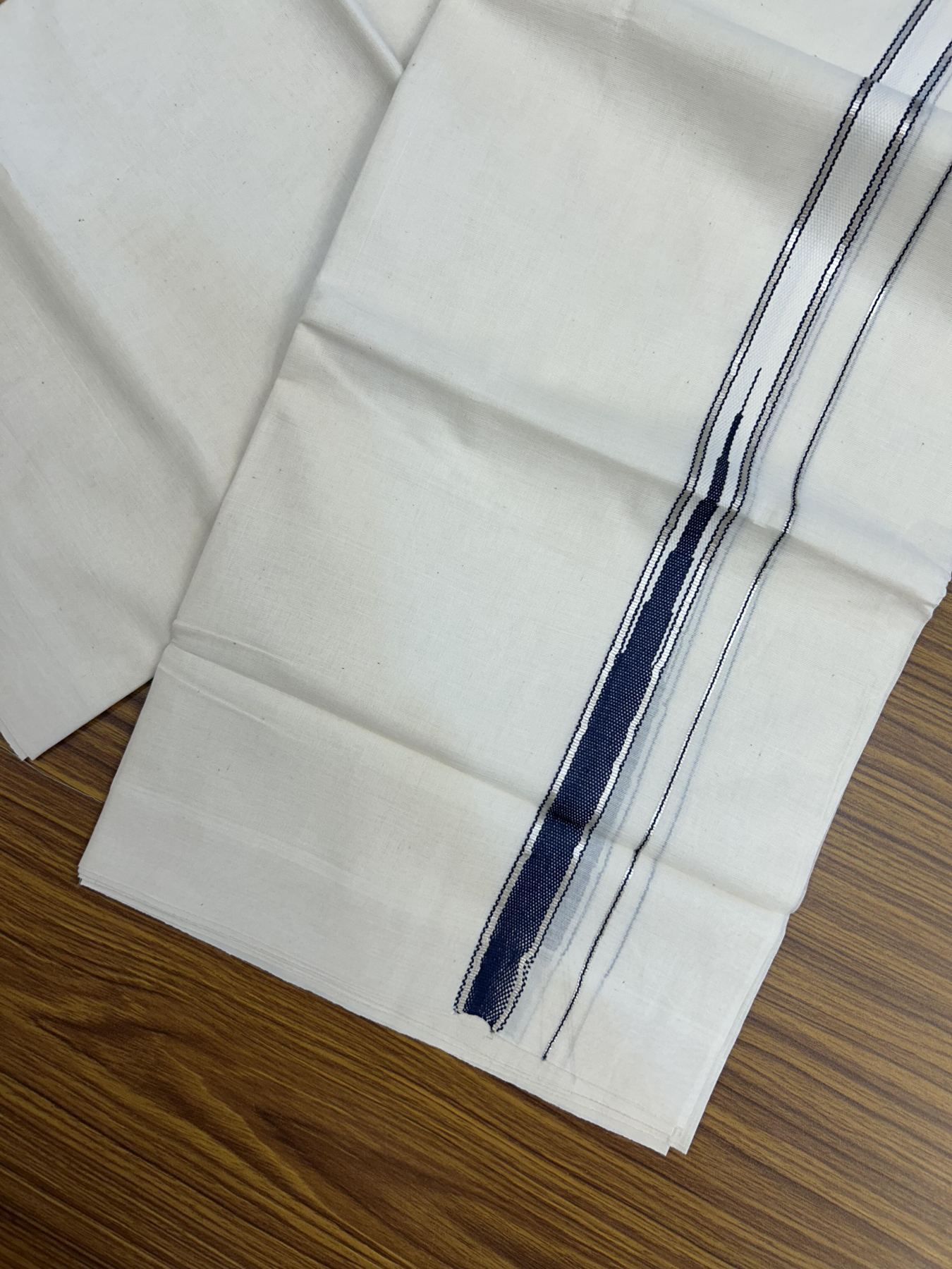 20% Discount!! KaithariKada Balaramapuram Pure Cotton Double Off White - (Unbleached) - Mundu/Dhoti - 100x80 - 1 inch Puliyilakkara Silver Kasav & Navy Blue Stripes One Side Chutty Kara 4 mtr (8.5 muzham) - 41 KK5357 VAS