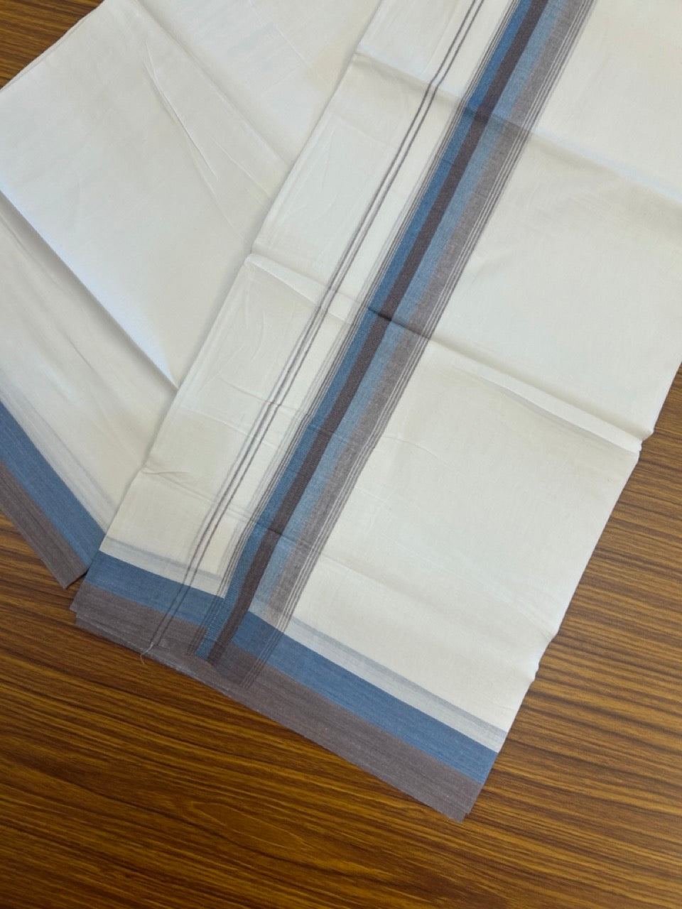 20% Discount ! Kaitharikada Balaramapuram 100% Cotton Pure White Double Mundu/Dothi - 100x80 - 1.5 inch Peacock Blue & Purple Brown Shaded Striped Kara 4 mtr (8.5 muzham) - 50 KK5255 VAS