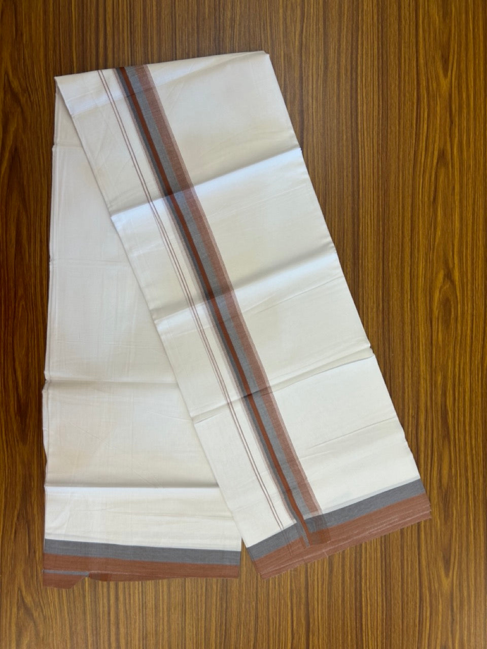 20% Discount ! Kaitharikada Balaramapuram 100% Cotton Pure White Double Mundu/Dothi - 100x80 - 1.5 inch Peacock Blue & Light Brown Shaded Striped Kara 4 mtr (8.5 muzham) - 51 KK5255 VAS