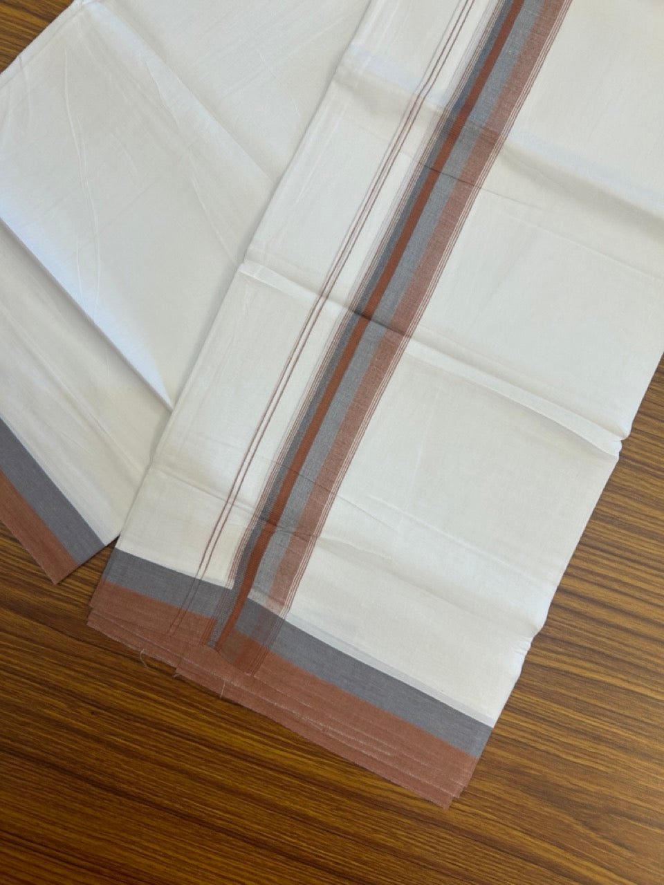 20% Discount ! Kaitharikada Balaramapuram 100% Cotton Pure White Double Mundu/Dothi - 100x80 - 1.5 inch Peacock Blue & Light Brown Shaded Striped Kara 4 mtr (8.5 muzham) - 51 KK5255 VAS
