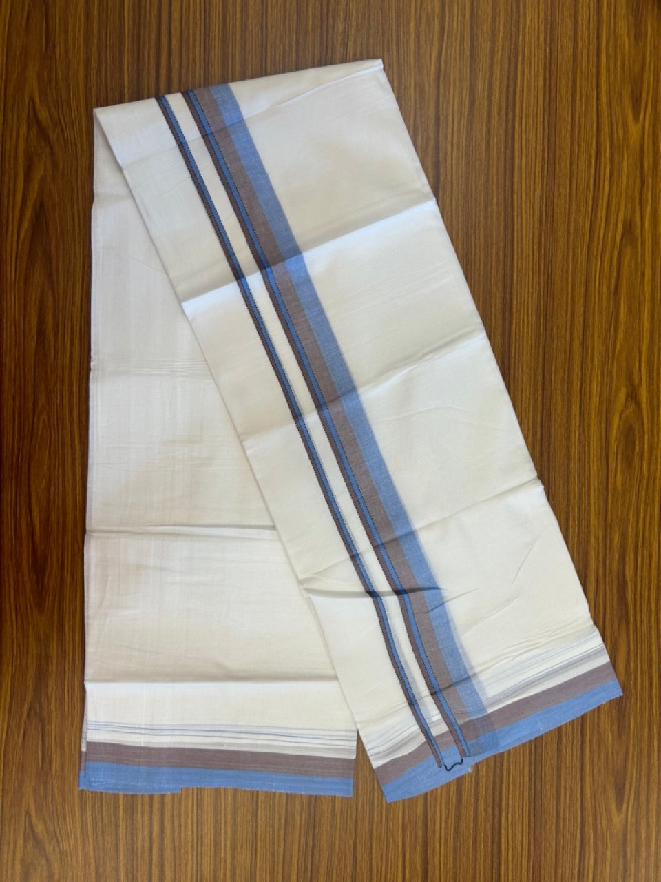 20% Discount ! Kaitharikada Balaramapuram 100% Cotton Pure White Double Mundu/Dothi - 100x80 - 1.5 inch Blue & Light Brown Shaded Striped Kara 4 mtr (8.5 muzham) - 52 KK5255 VAS