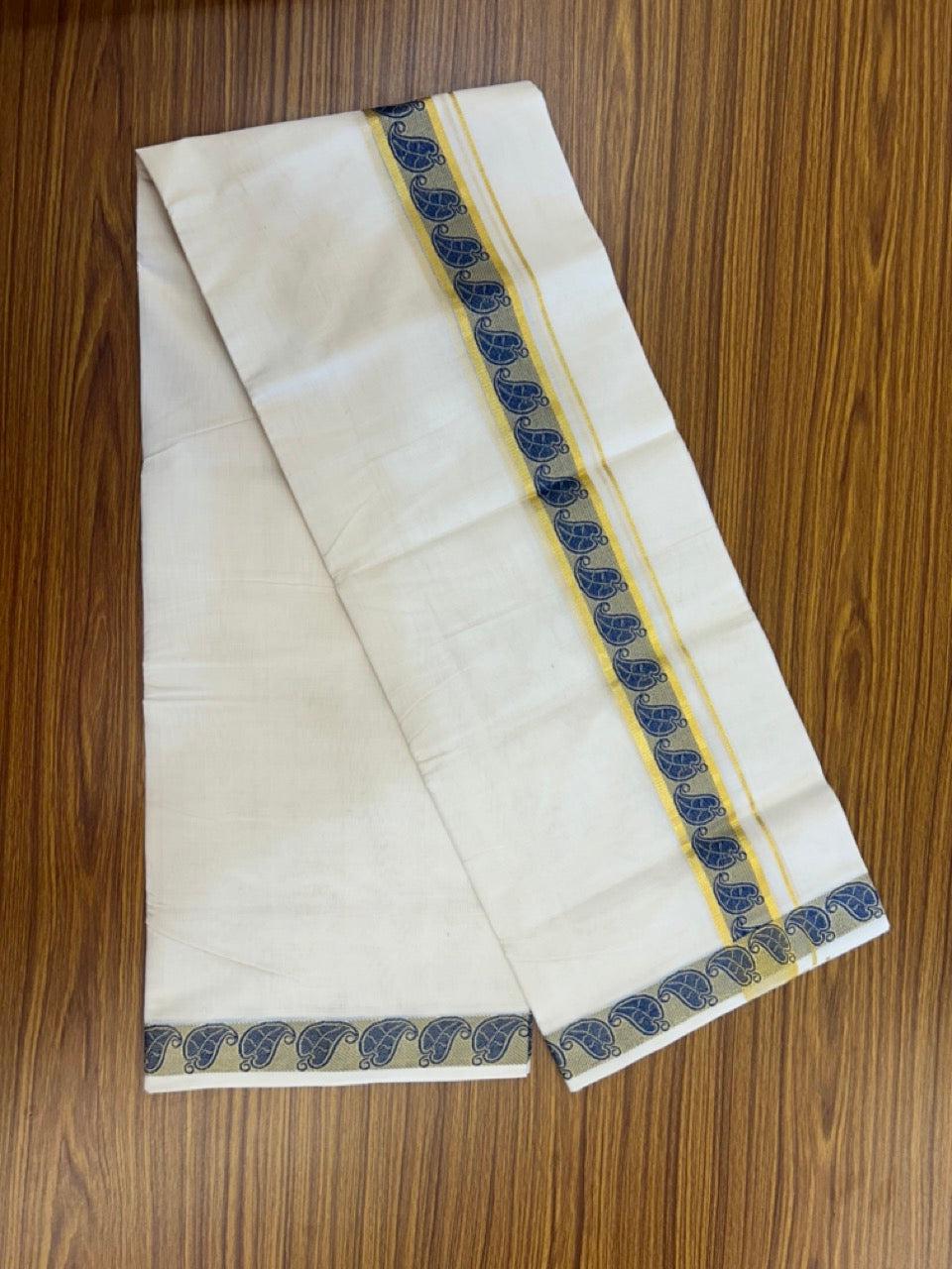 25% Discount ! Kaitharikada Handloom Unakkupaav Balaramapuram - 100% PURE Cotton OFF WHITE - (Unbleached) Double Mundu/Dhoti - 100x80 - 1.75 inch Gold Kasavu & Blue Jacquard Design Kara 4 mtr (8.5 Muzham) - 2 KK5289 ABH