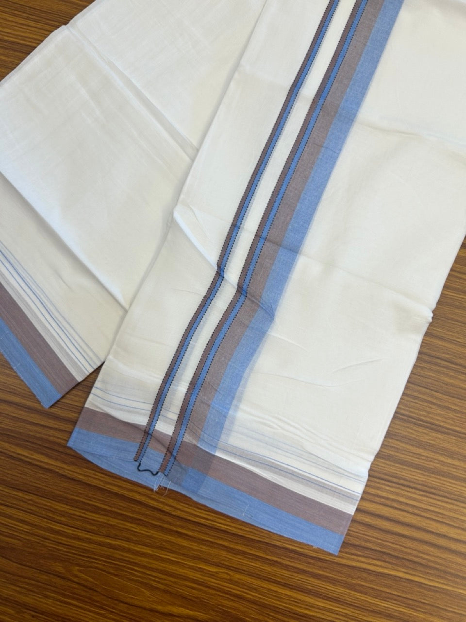 20% Discount ! Kaitharikada Balaramapuram 100% Cotton Pure White Double Mundu/Dothi - 100x80 - 1.5 inch Blue & Light Brown Shaded Striped Kara 4 mtr (8.5 muzham) - 52 KK5255 VAS