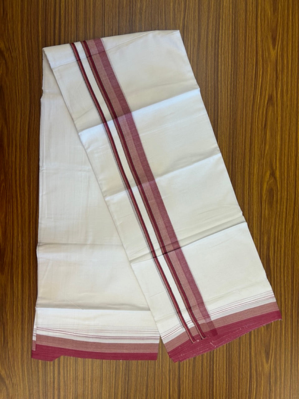 20% Discount ! Kaitharikada Balaramapuram 100% Cotton Pure White Double Mundu/Dothi - 100x80 - 1.5 inch Magenta & Sand Brown Shaded Striped Kara 4 mtr (8.5 muzham) - 53 KK5255 VAS