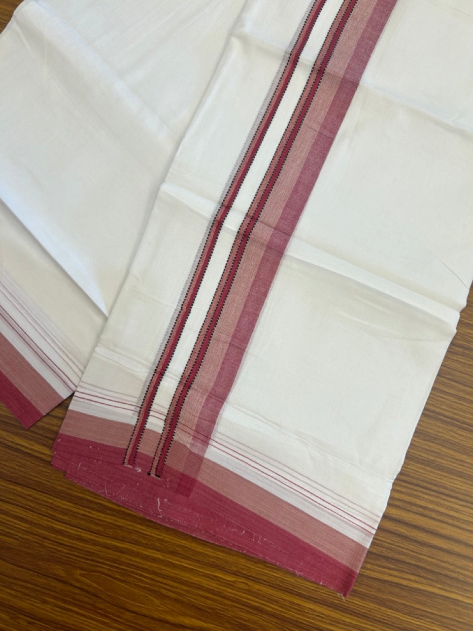 20% Discount ! Kaitharikada Balaramapuram 100% Cotton Pure White Double Mundu/Dothi - 100x80 - 1.5 inch Magenta & Sand Brown Shaded Striped Kara 4 mtr (8.5 muzham) - 53 KK5255 VAS