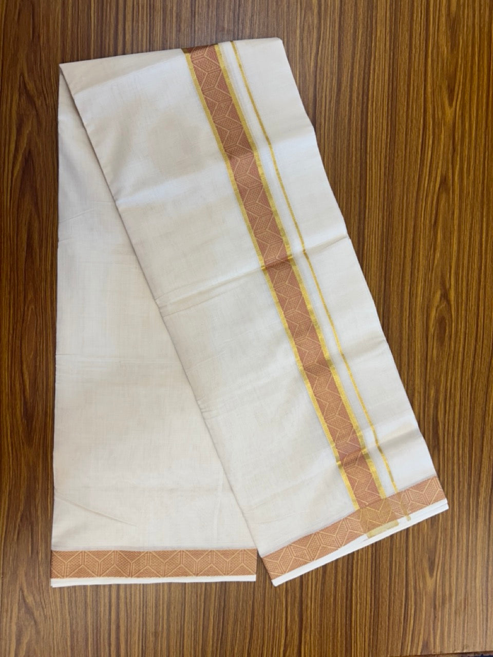 25% Discount ! Kaitharikada Handloom Unakkupaav Balaramapuram - 100% PURE Cotton OFF WHITE - (Unbleached) Double Mundu/Dhoti - 100x80 - 1.75 inch Gold Kasavu & Light Peach Jacquard Design Kara 4 mtr (8.5 Muzham) - 3 KK5289 ABH