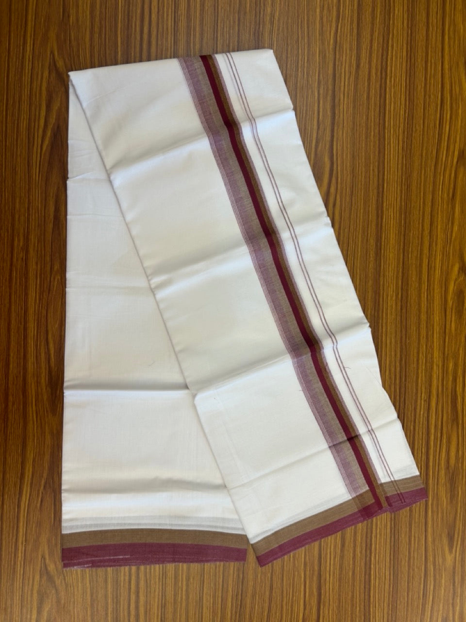 20% Discount ! Kaitharikada Balaramapuram 100% Cotton Pure White Double Mundu/Dothi - 100x80 - 1.5 inch Maroon & Olive Green Shaded Striped Kara 4 mtr (8.5 muzham) - 54 KK5255 VAS
