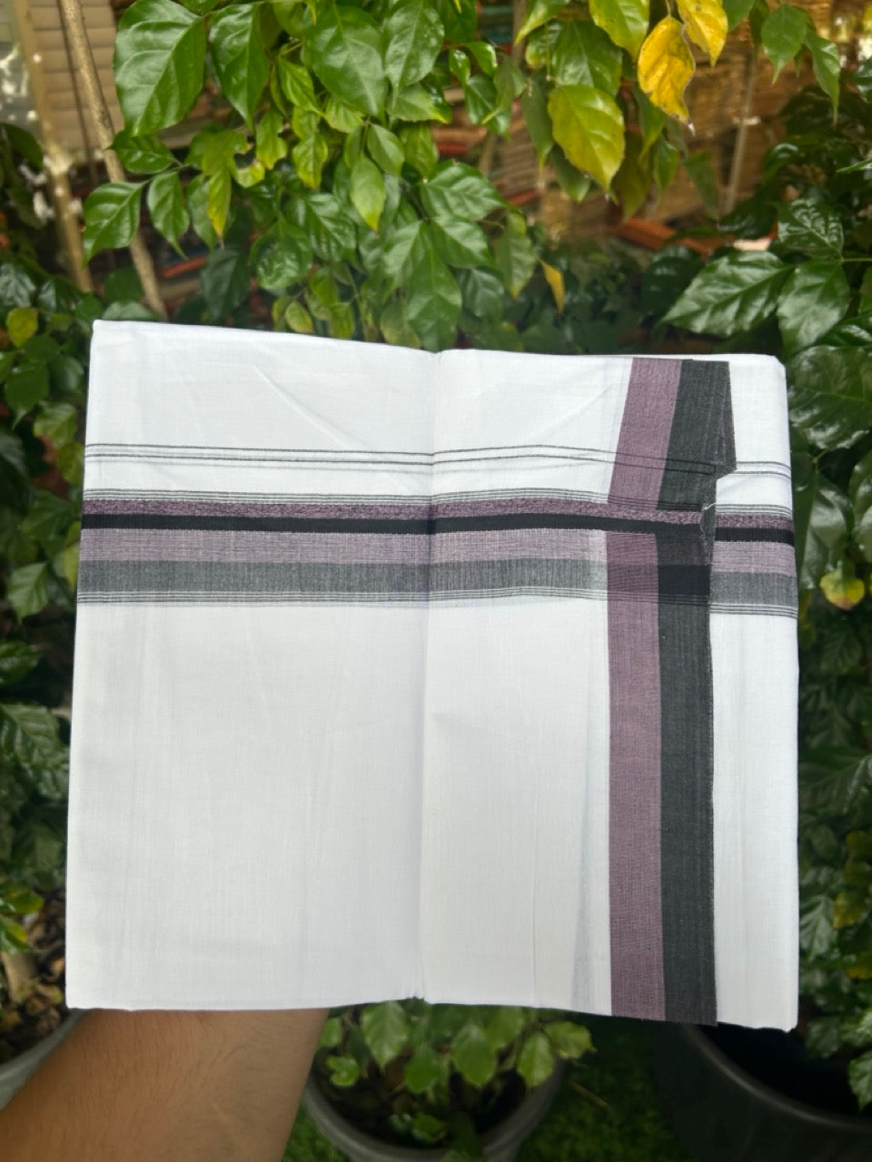 20% Discount ! Kaitharikada Balaramapuram 100% Cotton Pure White Double Mundu/Dothi - 100x80 - 1.5 inch Light Purple & Dark Brown Shaded Striped Kara 4 mtr (8.5 muzham) - 48 KK5255 VAS